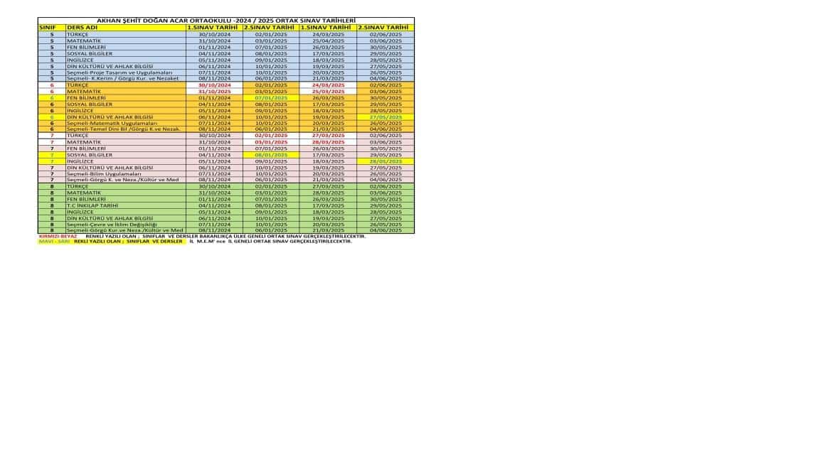 2024-2025 EĞİTİM ÖĞRETİM YILI -  ORTAK SINAV TAKVİMİ 
